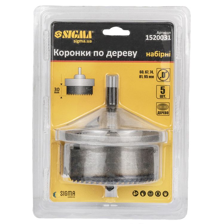 Коронки по дереву набірні Ø60; 67; 74; 81; 95мм висота 30мм Sigma (1520031) - 5