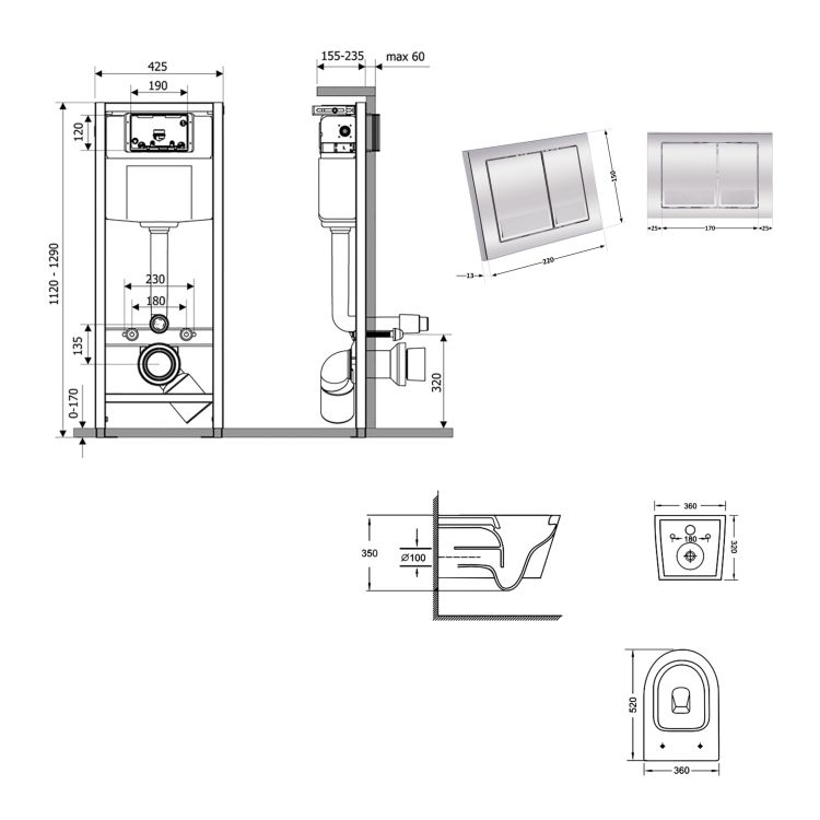 Готове рішення Qtap для ванної кімнати: підвісний унітаз Jay Ultra Quiet 520x360x320 + комплект інсталяції Nest 4 в 1 (квадратна клавіша Chrome) - 2