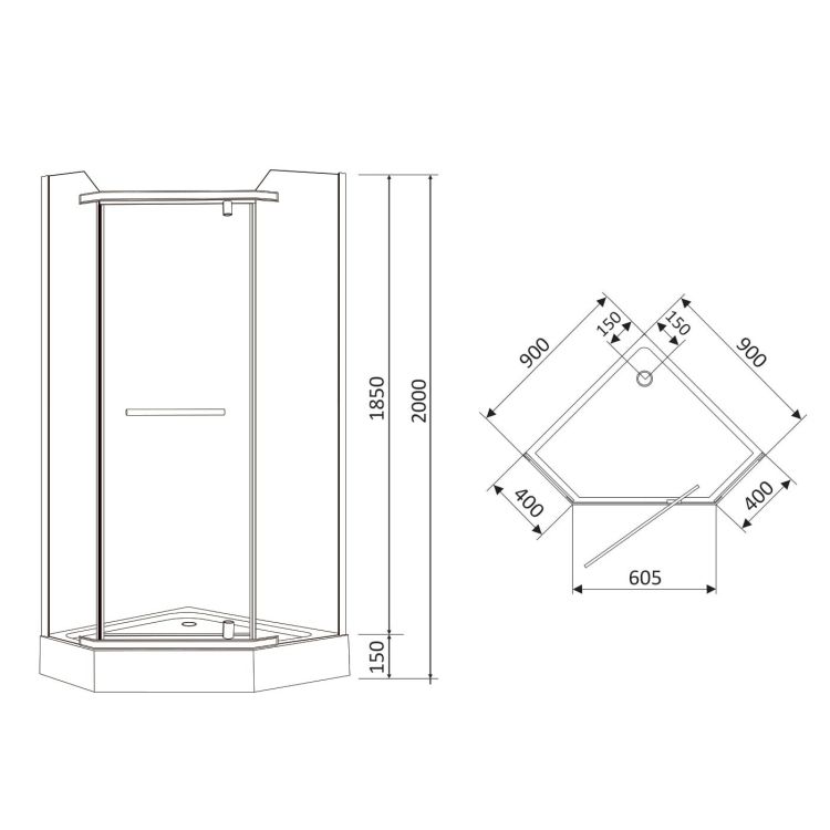 DUCT душ. кабина 90*90*200 см, пятиугольная, распашная, стекло прозрачное, 8мм, с мелким поддоном - 2