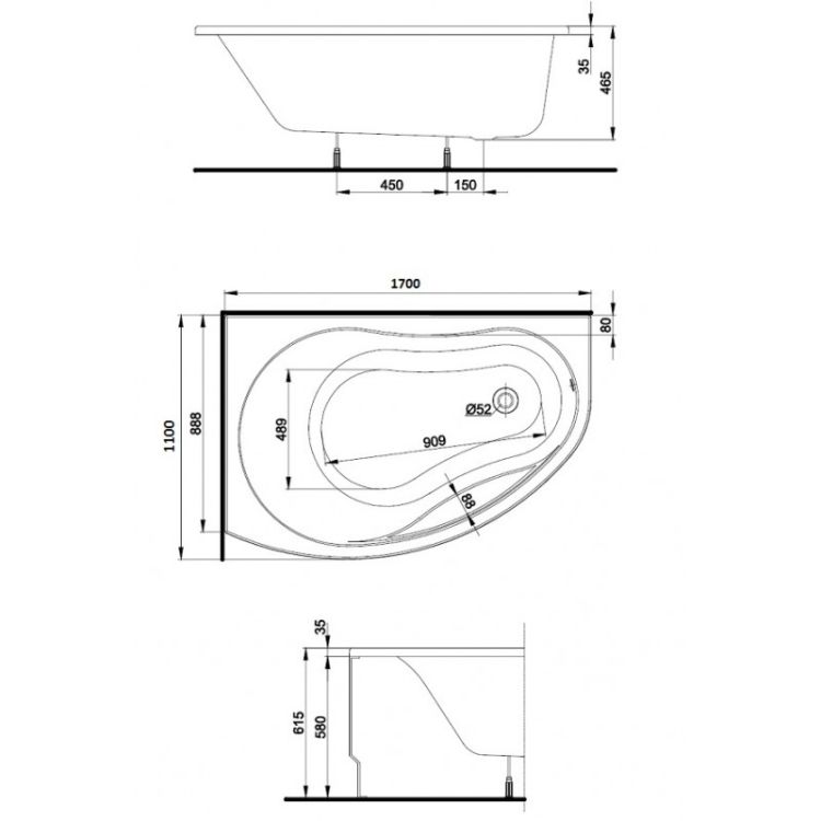 PROMISE ванна асиметрична 170*110 см, ліва, з ніжками SN8 + сифон Simplex для ванни - 2
