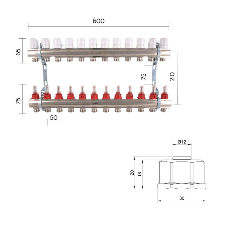 Комплект: Thermo Alliance Standart Колектор латунний з витратомірами 1&amp;quot;х12 SD235W12 + SD Євроконус 3/4''х16×2 SD346 - 2