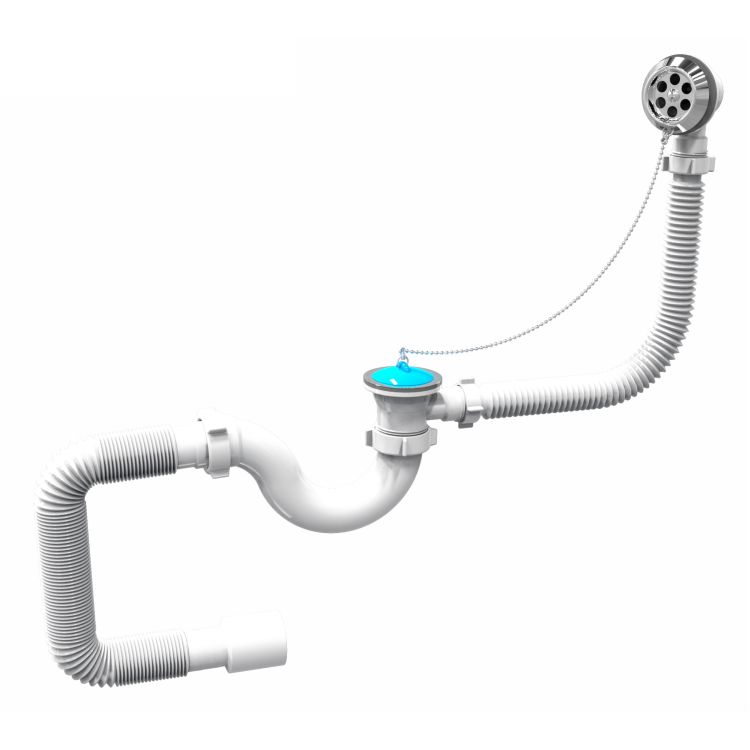 Сифон для ванны, PP, трубный, перелив до 500 мм, пробка на цепочке, гофра Ø40/50 мм - 1