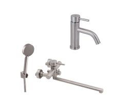 Комплект для ванної кімнати Aria 005, Nickel (k35) з довгим поворотним виливом та душовим гарнітуром +Змішувач для раковини низький Aria 0011F, Nickel (k35)