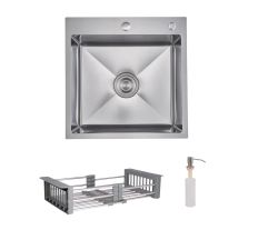 Комплект Lidz Handmade H5050H Мийка для кухні інтегрована Decor Honeycomb у комплекті з дозатором + Lidz K01G Корзина для кухонної мийки