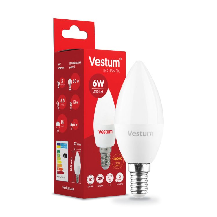 Лампа LED Vestum C37 6W 3000K 220V E14 - 1