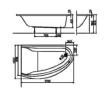MIRRA ванна асимметричная 170*110 см, левая, с ножками SN8, элементами крепления и подголовником - 3
