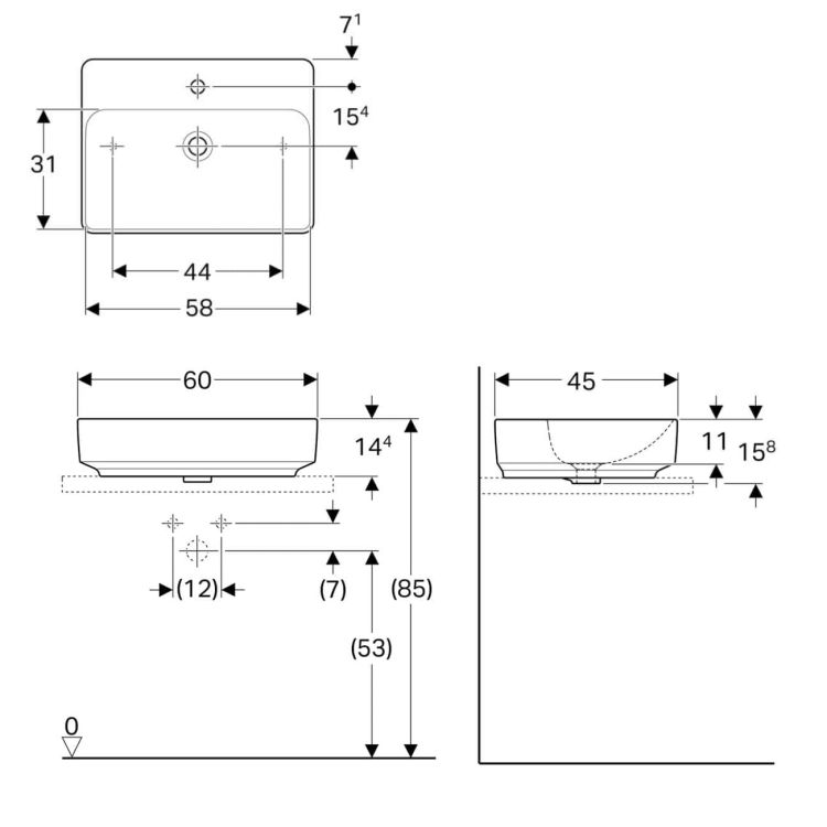VARIFORM умывальник встраиваемый на столешницу, прямоугольный, 60*45см, с полочкой для отверстия под смеситель, с переливом - 2