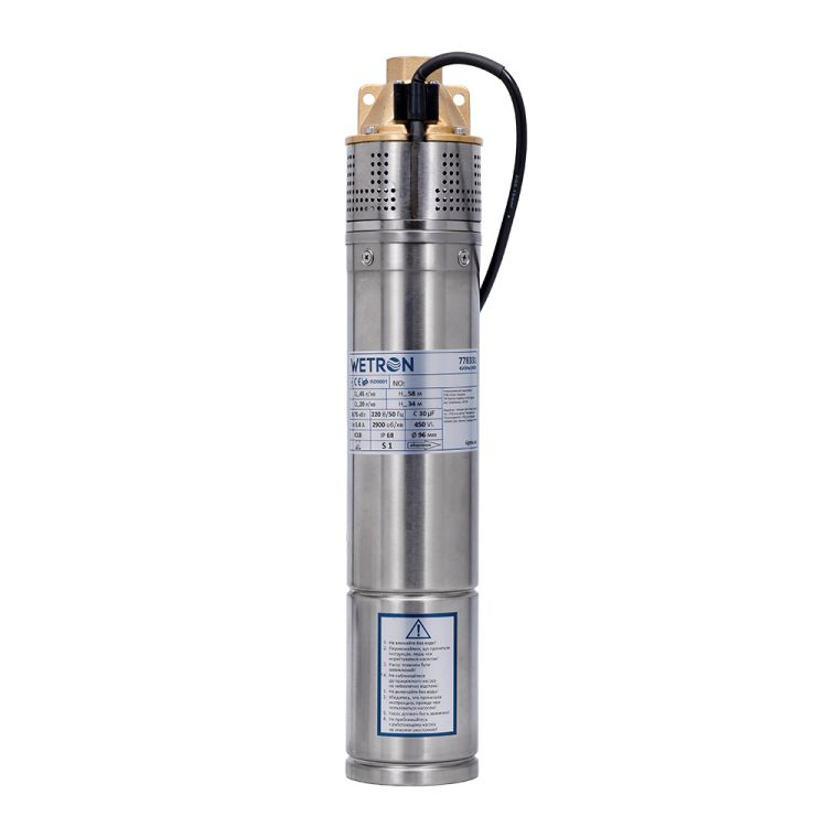 Насос вихревой 1.1кВт H 98(39)м Q 45(30)л/мин Ø96мм 10м кабеля WETRON 4SKmw150M (778332) - 2