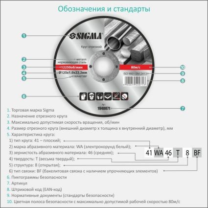 Круг отрезной по металлу и нержавеющей стали Ø180x2.0x22.2мм, 8500об/мин Sigma (1940241) - 5