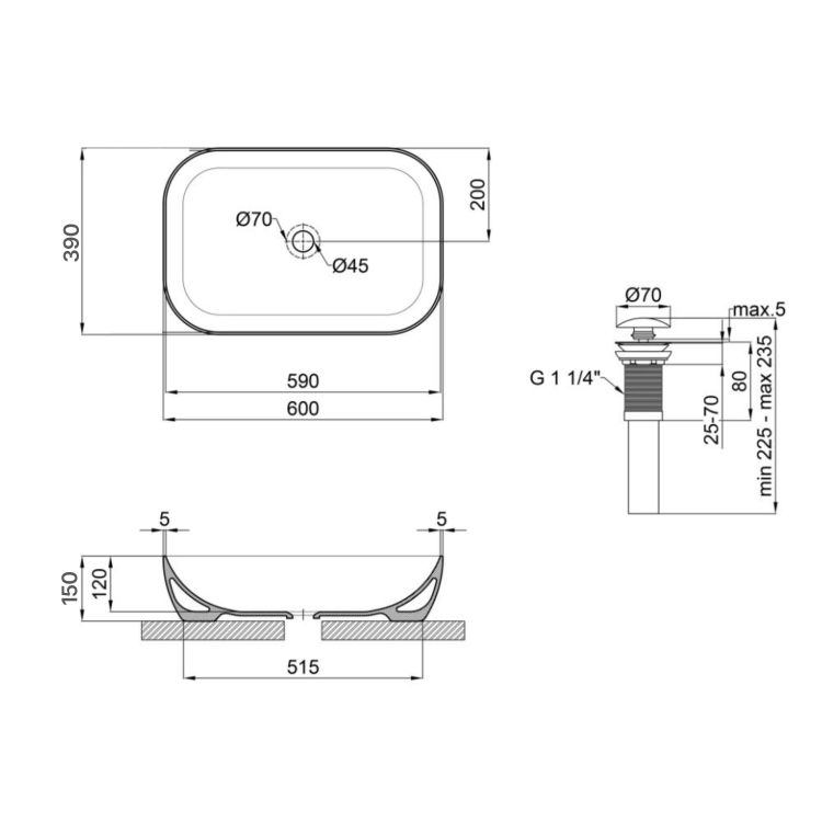 Раковина накладна Qtap Robin 600x390x150 мм, Stone grey, прямокутна, з донним клапаном QTROB188SG49786 - 2