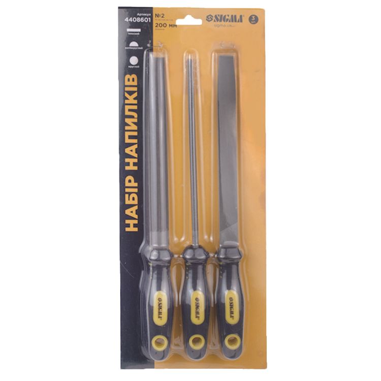 Набор напильников 3шт 200мм №2 двухкомпонентная рукоятка (плоский, полукруглый, круглый) SIGMA (4408601) - 6