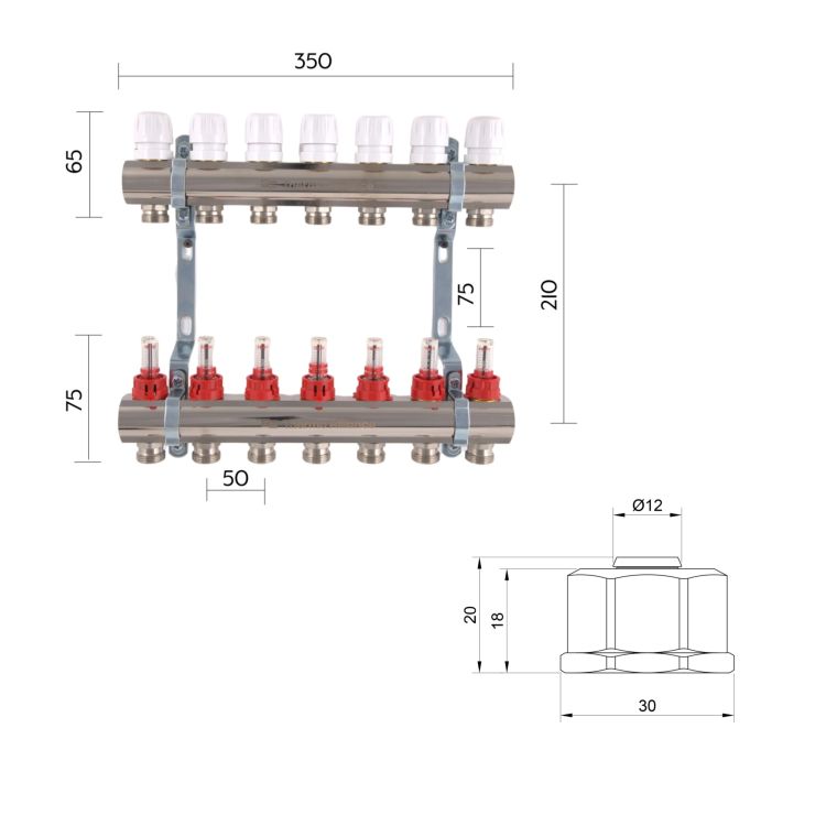 Комплект: Thermo Alliance Standart Колектор латунний з витратомірами 1&amp;quot;х7 SD235W7 + SD Євроконус 3/4''х16×2 SD346 - 2