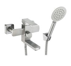 CUBE S смеситель для ванны однорычажный, переключатель ванна/душ встроен в корпус, L-излив, сталь
