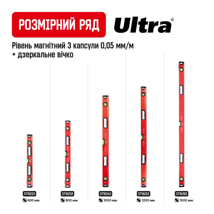 Уровень магнитный 3 капсулы + зеркальный глазок 2 рукоятки 60см ULTRA (3716222) - 7