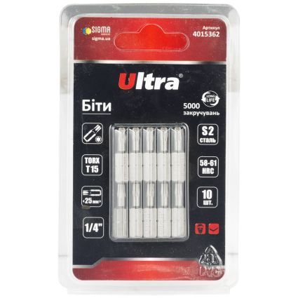 Биты TORX 15×25мм ¼&amp;quot; 10шт S2 (блистер) ULTRA (4015362) - 1