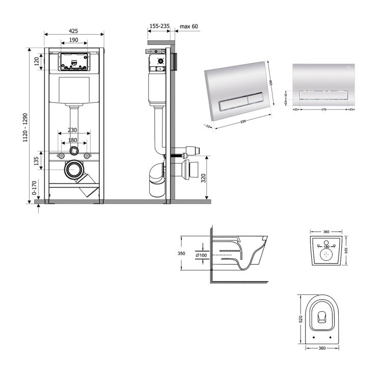 Готове рішення Qtap для ванної кімнати: підвісний унітаз Swan Ultra Quiet 520x360x320 + комплект інсталяції Nest 4 в 1 (лінійна клавіша Chrome) - 2