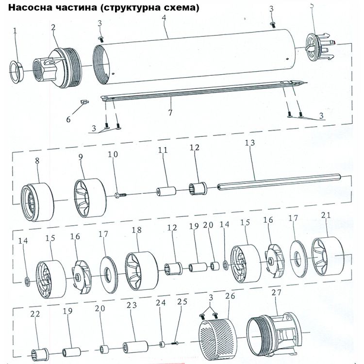 Насос відцентровий свердловинний 0.55кВт H 77(63)м Q 55(30)л/хв Ø102мм (кабель 45м) DONGYIN (777446) - 8