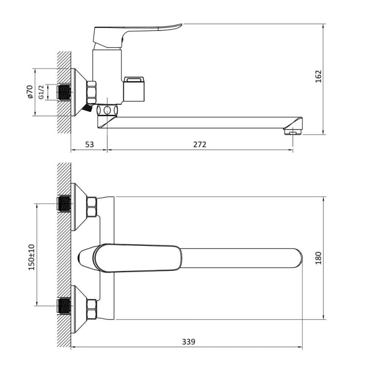 SLIP змішувач для ванни одноважільний, перемикач ванна/душ вбудований в корпус, L-вилив, хром - 2