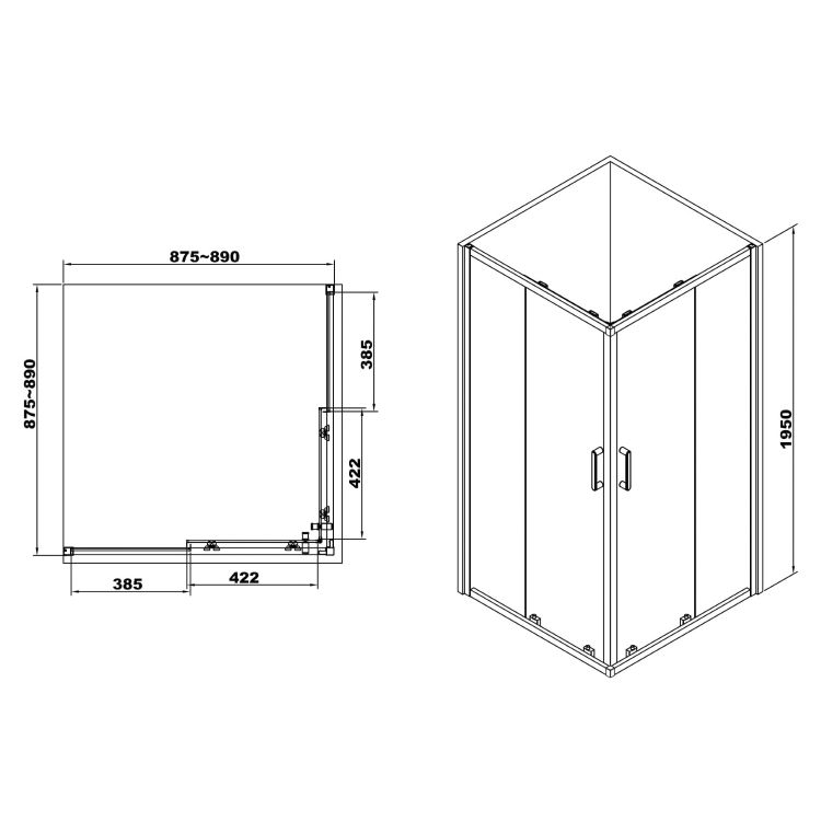 HÉVÍZ Душевая кабина квадратная 900*900*1950мм(стекла+двери), двери раздвижные, стекло прозрачное 6 мм, профиль хром - 2