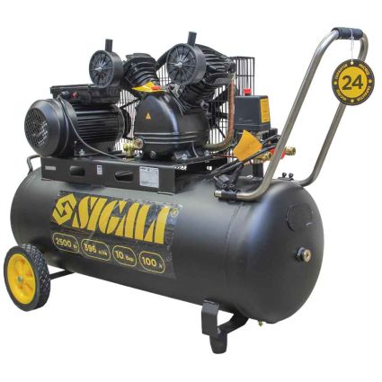 Компресор двоциліндровий ремінною 2.5 кВт 396л/хв 10бар 100л (2 крана) Sigma (7044151) - 1