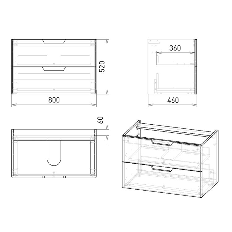 LIBRA комплект мебели 80см белый: тумба подвесная, 2 ящика + умывальник накладной арт 15-41-80 - 2