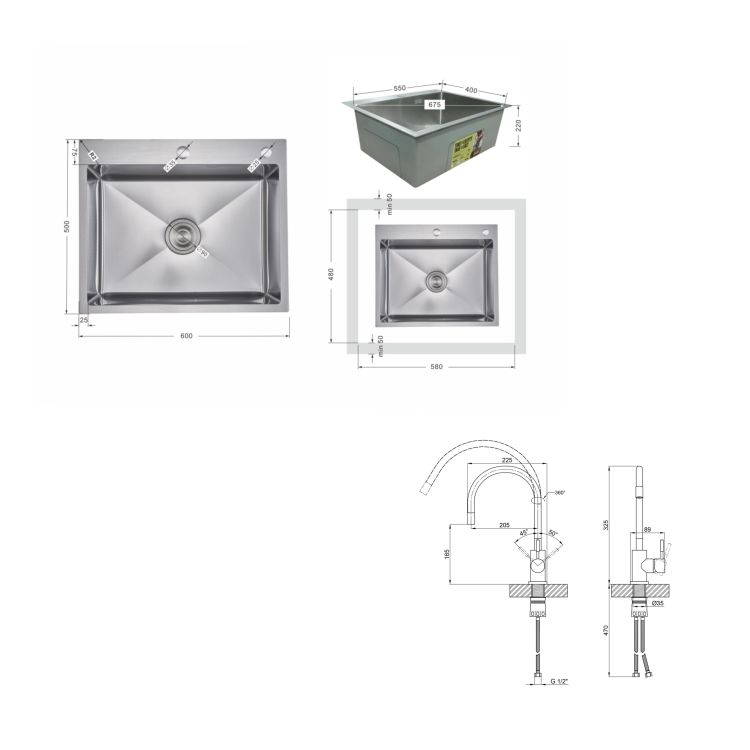 Акційний набір Lidz: мийка H6050H інтегрована Decor Honeycomb 2,5/0,5 мм LDH6050DEC48370 + Змішувач Aria для кухні з гнучким виливом (k35) Grey - 2
