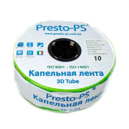 Крапельна стрічка Presto-PS эмиттерная 3D Tube крапельниці через 10 см витрата 2.7 л/год, довжина 1000 м (3D-10-1000) - 1