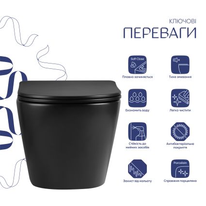 Унітаз підвісний Qtap Jay Ultra Quiet 485х360х320 мм, Matt Black, сидінням Slim Duroplast/ Soft-close/ Quick Relase QT07335177MB - 3