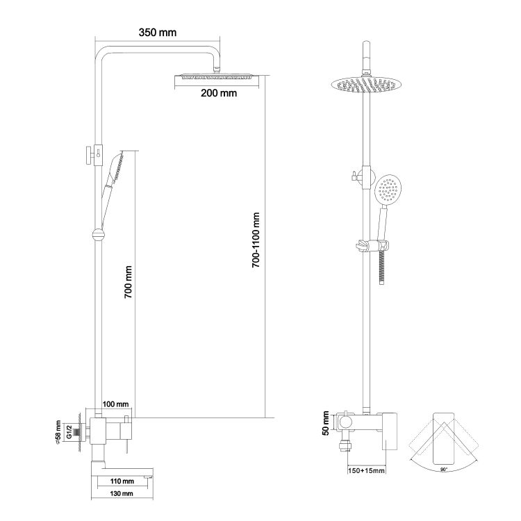 CUBE S система душова (змішувач для ванни, верхній та ручний душ) - 2