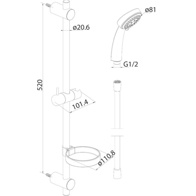 Смеситель д/душ.компл.: ручн.душ 3 ф. d 81 мм, штанга 600 мм, шланг 1750 мм 760100310 Contour AM/PM - 2