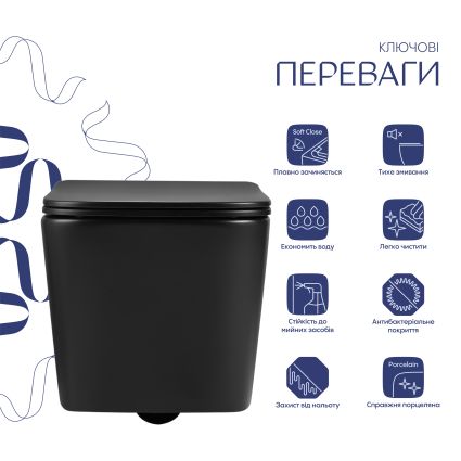 Унітаз підвісний Qtap Crow Ultra Quiet 485×340×290 мм, Matt Black, з сидінням Slim Duroplast/ Soft-close/ Quick Release QT05335171MB - 3