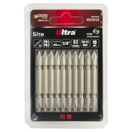 Биты PH1-PH2×65мм ¼&amp;quot; 10шт S2 (блистер) ULTRA (4016512) - 1