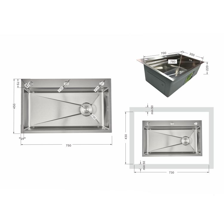 Мийка для кухні інтегрована Lidz Handmade H7545 Brushed Steel 3,0/1,0 мм LDH7545BRU49457 - 2