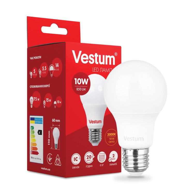 Лампа LED Vestum A60 10W 3000K 220V E27 - 1