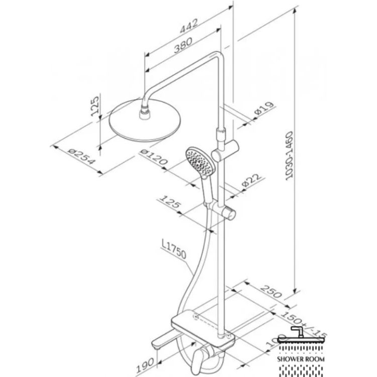 Душ.система: зміш.-полиця д/ванни/душу, душ.штан. 1030-1460мм верхній душ 220 мм F0780700 Like AM/PM - 2