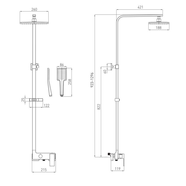 DE LA NOCHE система душевая (смеситель для душа, верхний и ручной душ 1 режим, шланг полимер 1,5м) - 2