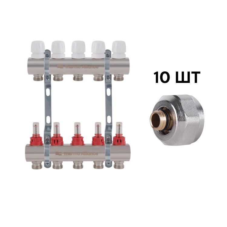 Комплект: Thermo Alliance Standart Колектор латунний з витратомірами 1&amp;quot;х5 SD235W5 + SD Євроконус 3/4''х16×2 SD346 - 1