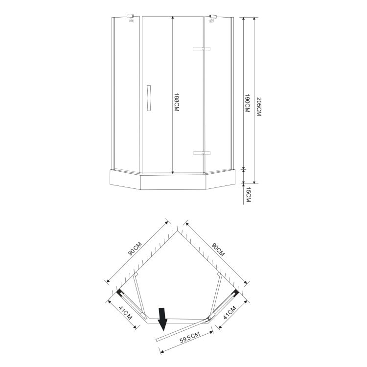STEFANI душова кабіна п'ятикутна 90*90*205 см, на дрібному піддоні (15 см), орні, скло прозоре - 4
