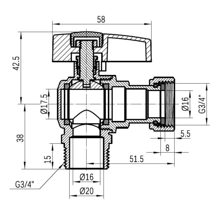 Кран кульовий кутовий 3/4&amp;quot;вз з накидною гайкою Standart TAS224W20 Thermo Alliance - 2