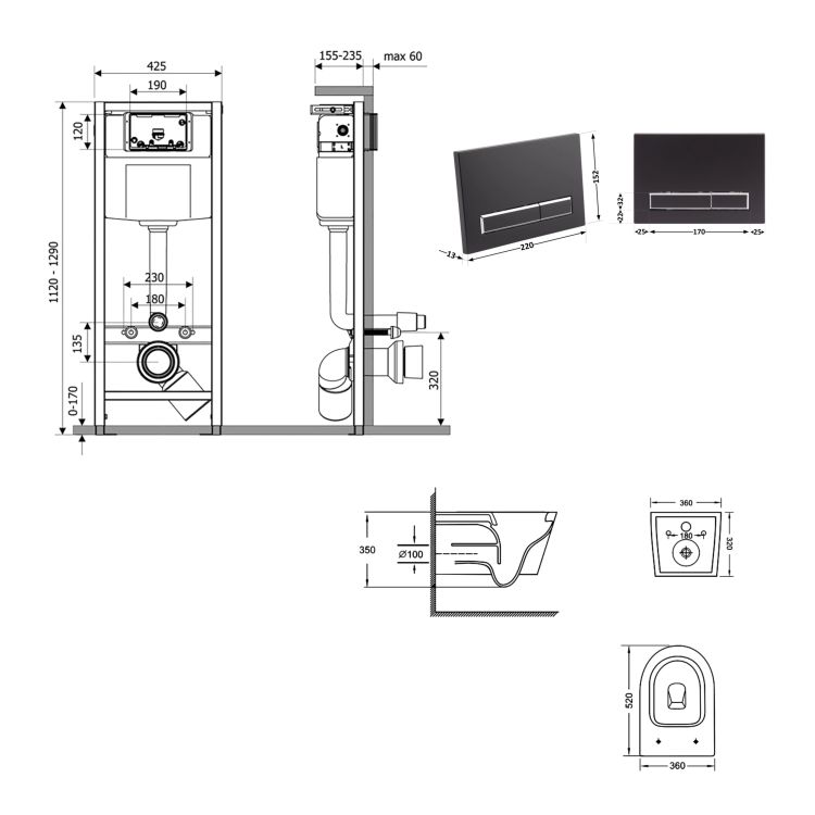 Готове рішення Qtap для ванної кімнати: підвісний унітаз Jay Ultra Quiet 520x360x320 + комплект інсталяції Nest 4 в 1 (лінійна клавіша Black mat) - 2