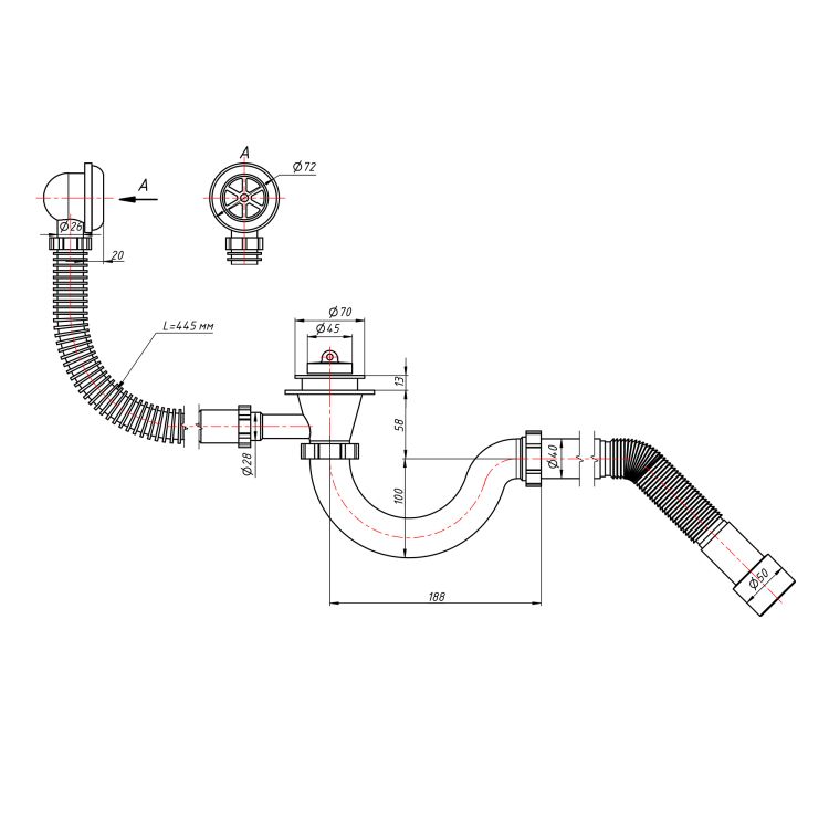 Сифон для ванны Lidz (WHI) 60 03 V001 00 прямоточный (выход 50 мм) - 2