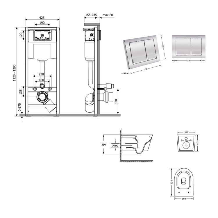 Готове рішення Qtap для ванної кімнати: підвісний унітаз Swan Ultra Quiet 520x360x320 + комплект інсталяції Nest 4 в 1 (кругла клавіша Satin) - 2