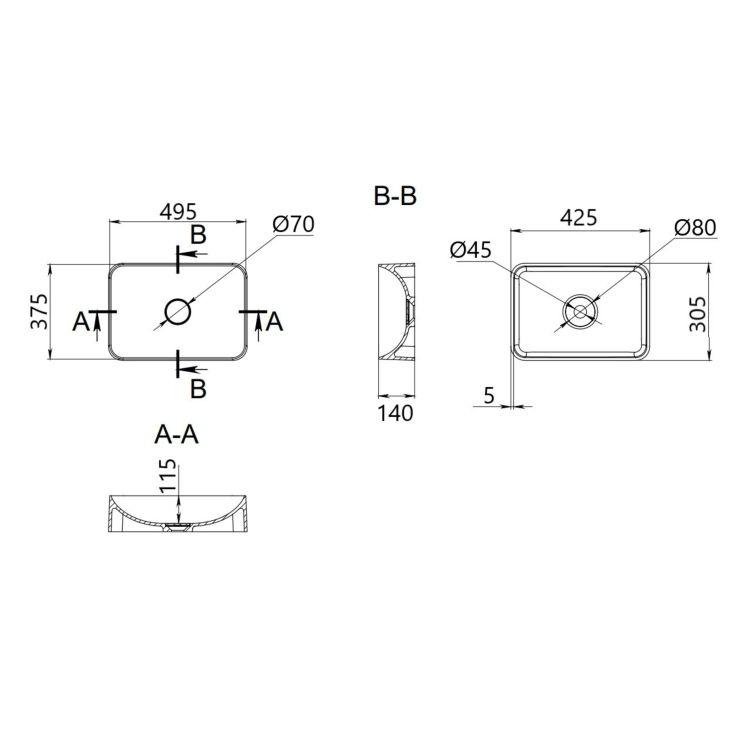 Раковина накладна Qtap Robin 500х380х140 мм, Stone grey, прямокутна, з донним клапаном QT04116302SG - 2