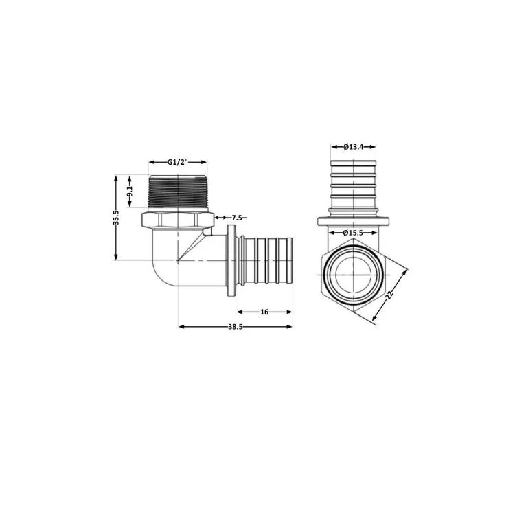 Кутник натяжний 16х1/2 з №1036 51036ADBO05 Icma - 2