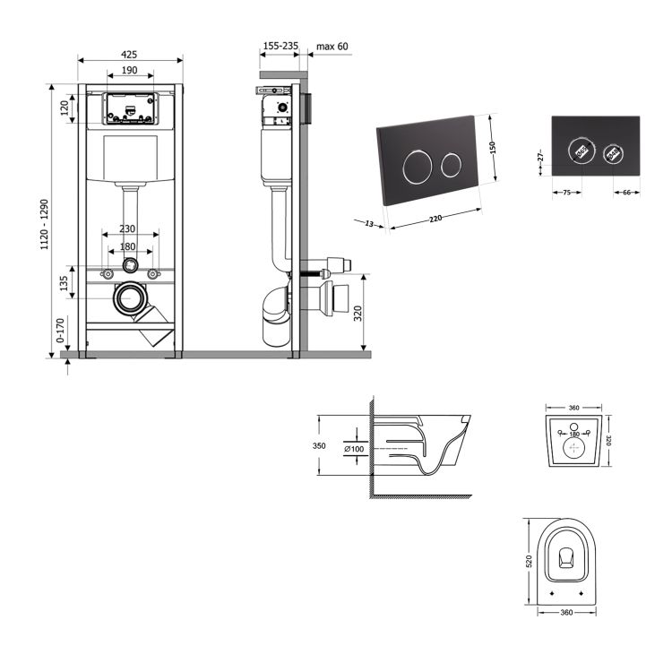 Готове рішення Qtap для ванної кімнати: підвісний унітаз Swan Ultra Quiet 520x360x320 + комплект інсталяції Nest 4 в 1 (кругла клавіша Black mat) - 2