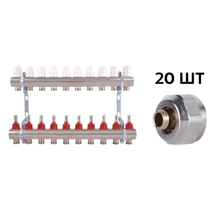 Комплект: Thermo Alliance Standart Колектор латунний з витратомірами 1&amp;quot;х10 SD235W10 + SD Євроконус 3/4''х16×2 SD346 - 1