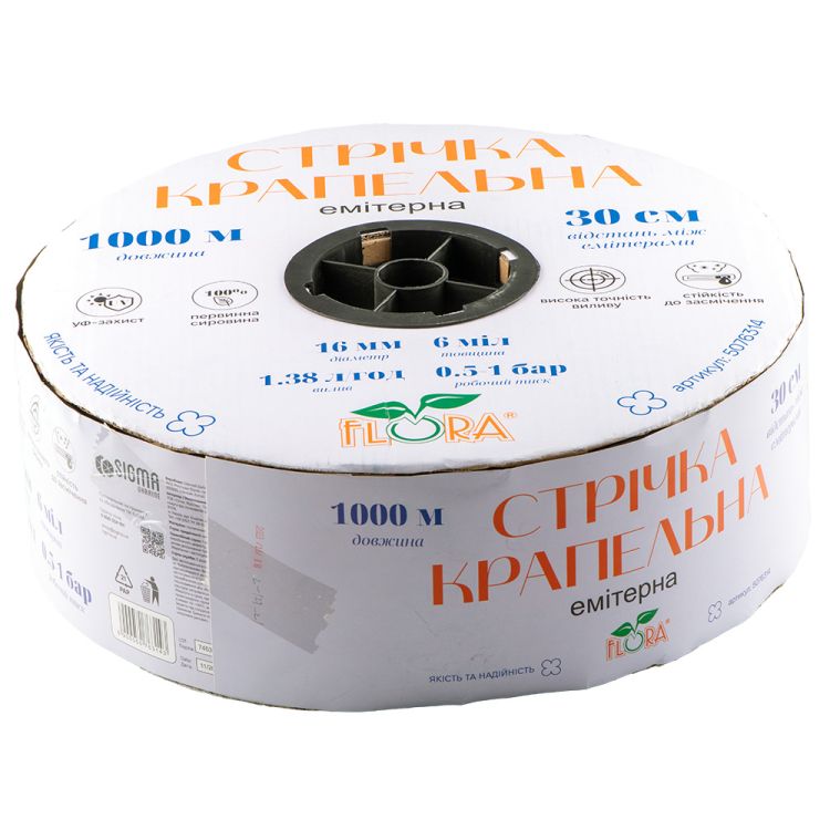 Лента капельная с плоским эмиттером Ø16мм 30см 6мил 1.38л 1000м FLORA (5076314) - 2