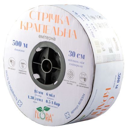 Стрічка крапельна з плоским емітером Ø16мм 30см 6мил 1.38л 500м FLORA (5076304) - 1