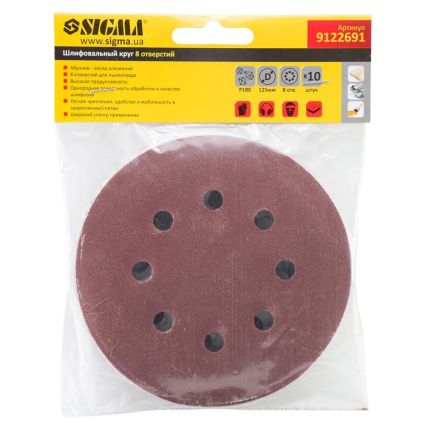 Шлифовальный круг 8 отверстий Ø125мм P180 (10шт) Sigma (9122691) - 5