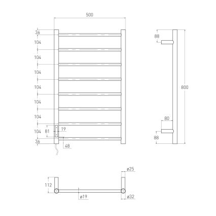 Rondo електричний полотенцесушитель L, 120W, 500 * 800мм, сталь 304, 8 перемичок коло, таймер, термостат 70 ° з, blanco - 2